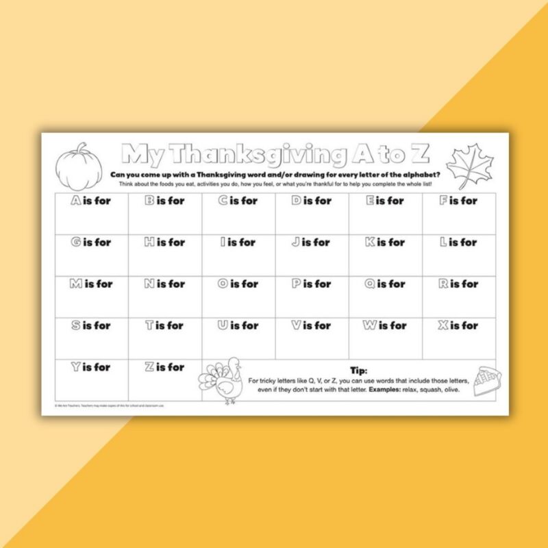 Thanksgiving Activity Placemats (4) Thanksgiving A to Z placemat printable for kids