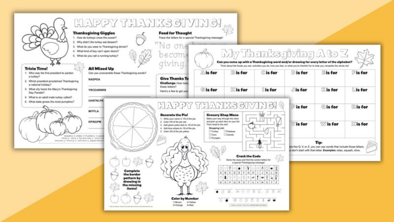 Thanksgiving Activity Placemats Flat lay of three Thanksgiving activity placemats on a yellow background