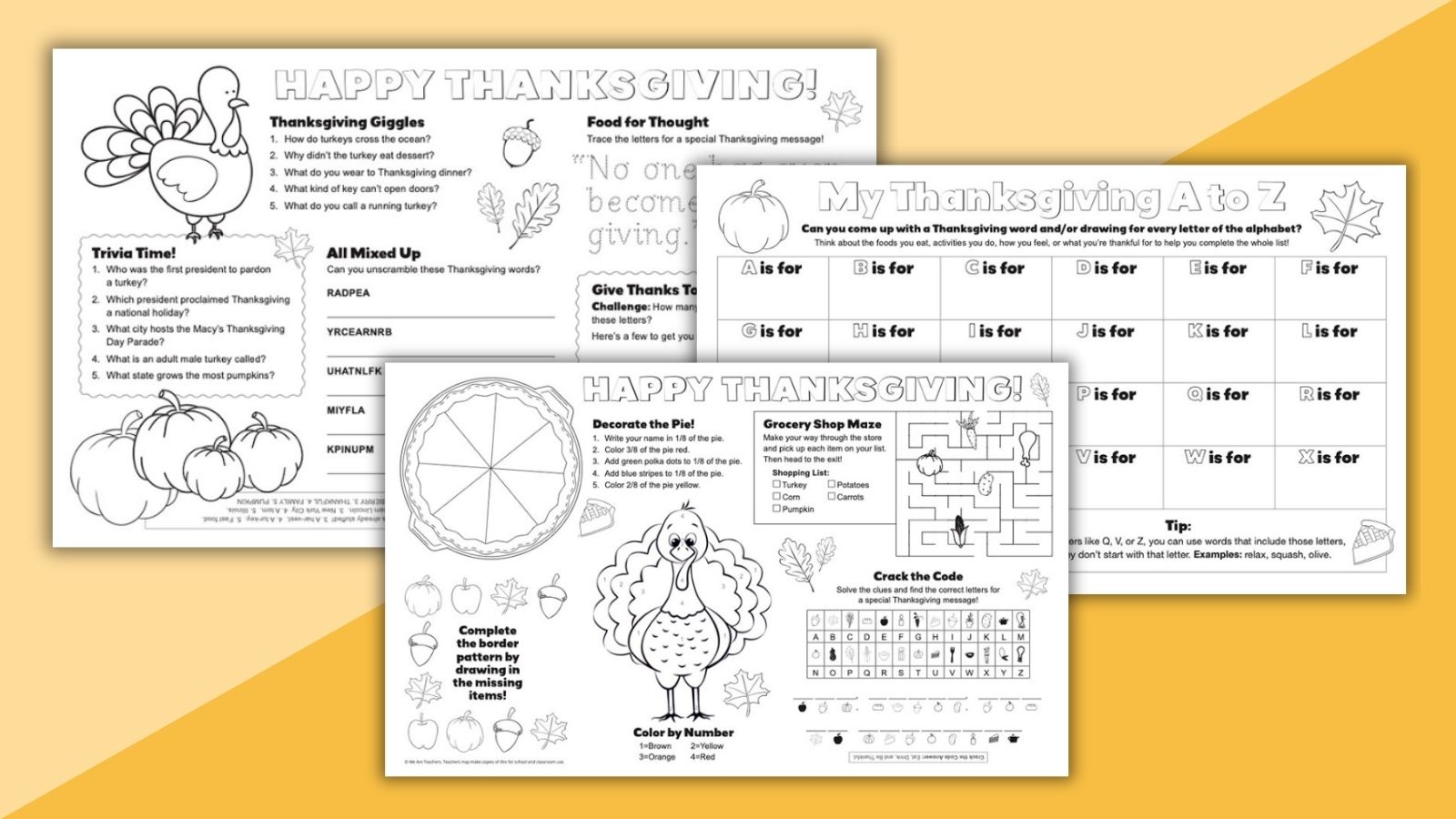 Flat lay of three Thanksgiving activity placemats on a yellow background