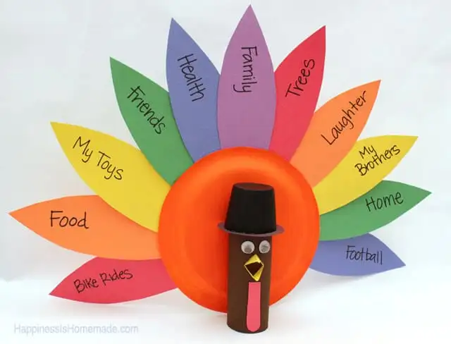 Gratitude activities for kids include this turkey craft that has several brightly colored photos that have things the student is grateful for written on them.
