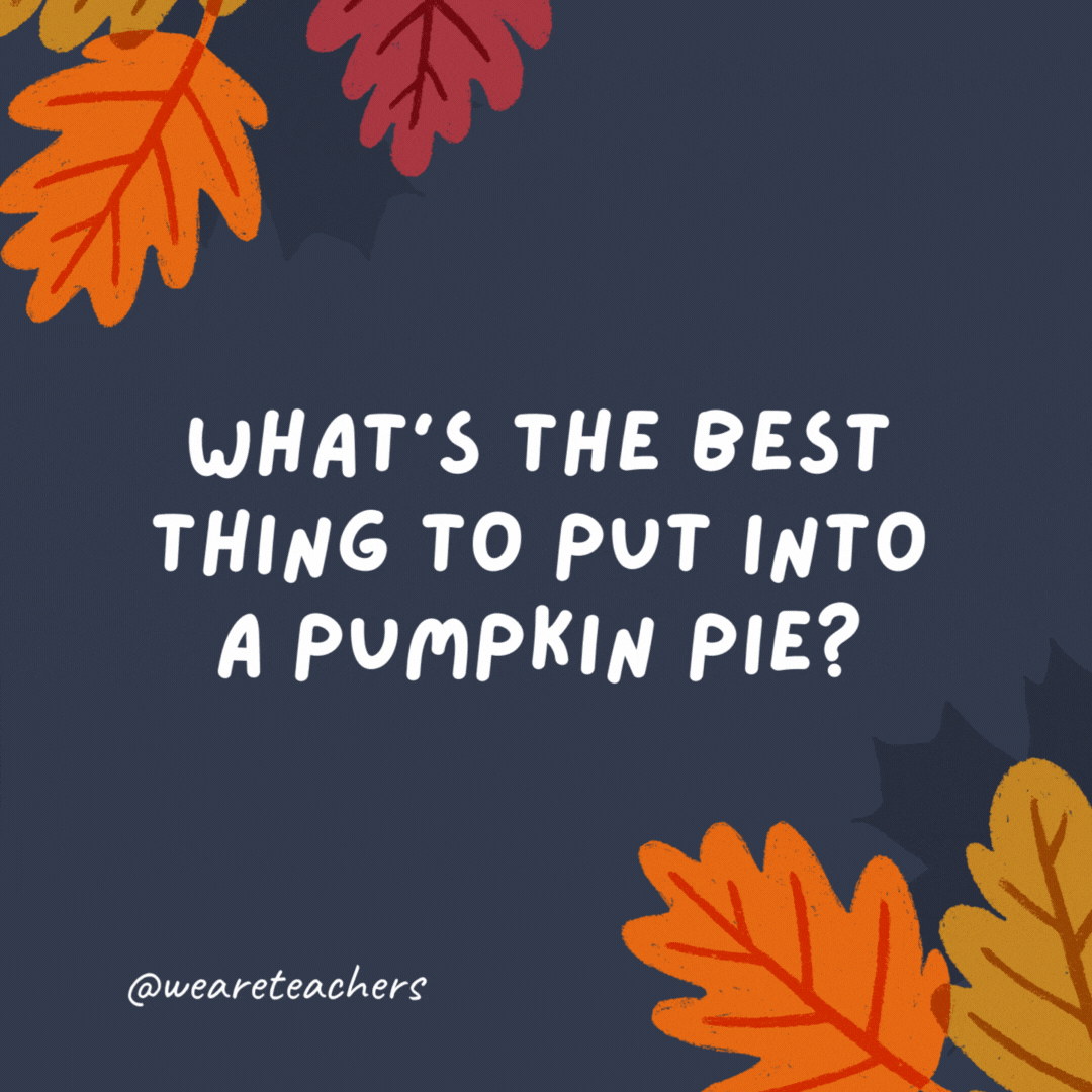 What's the best thing to put into a pumpkin pie?

Your teeth.