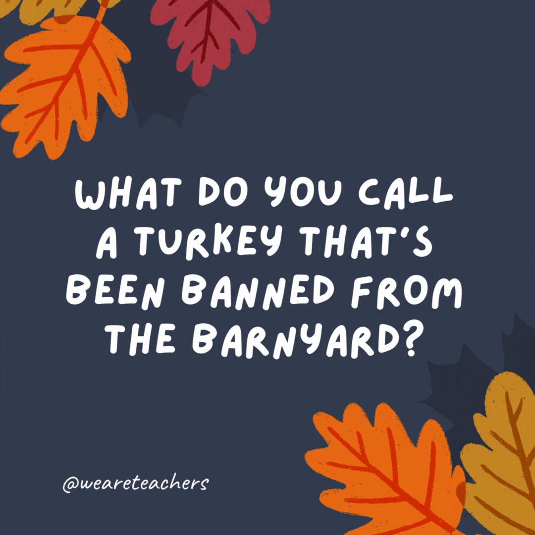 What do you call a turkey that's been banned from the barnyard?

An ex-poultry-ated turkey! -thanksgiving jokes