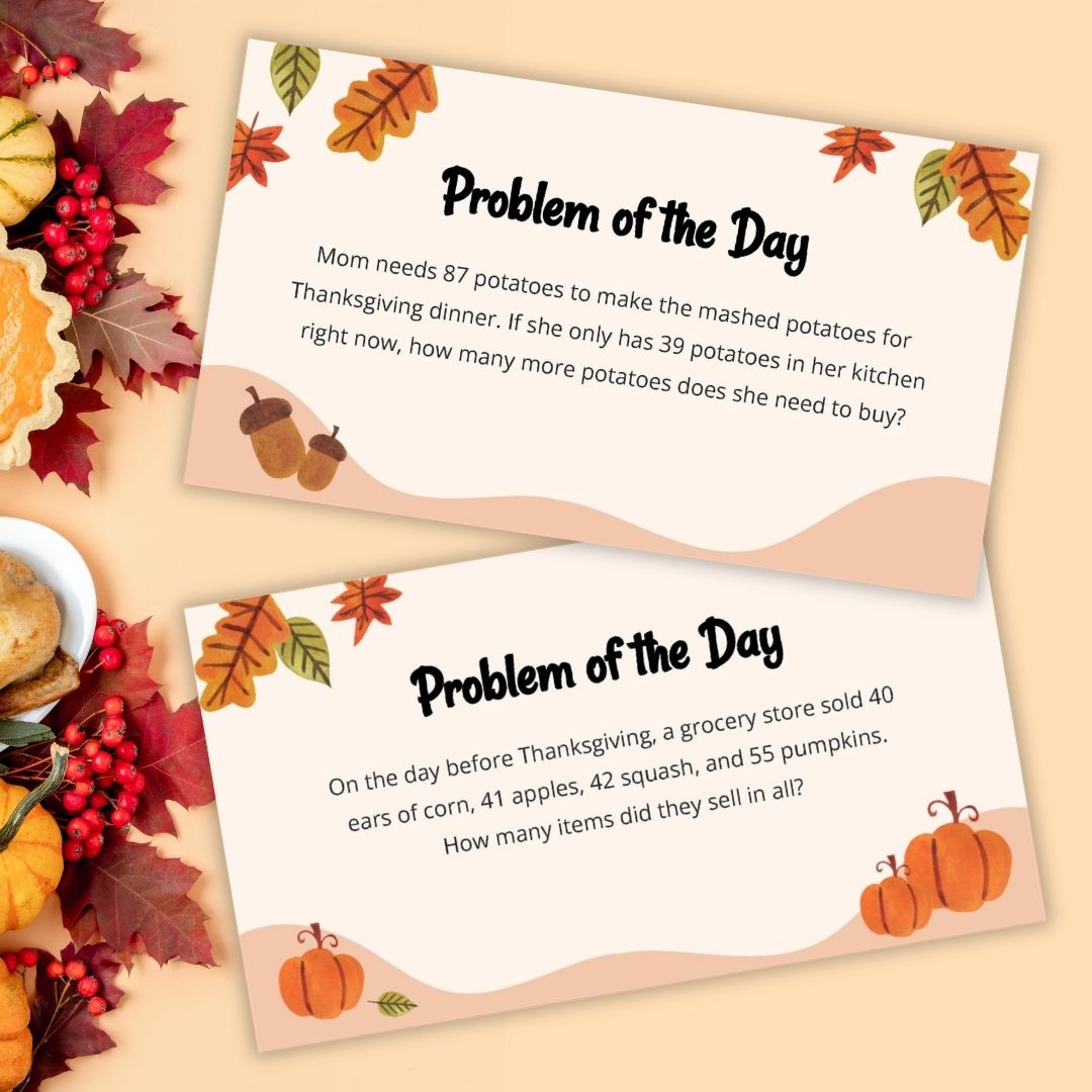 Thanksgiving Math Word Problems an image of two free printable Thanksgiving math word problems