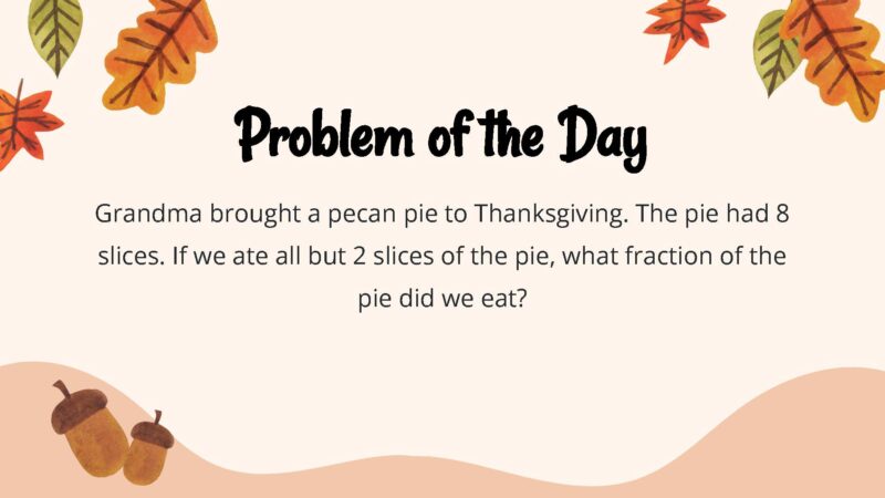 Grandma brought a pecan pie to Thanksgiving. The pie had 8 slices. If we ate all but 2 slices of the pie, what fraction of the pie did we eat?
