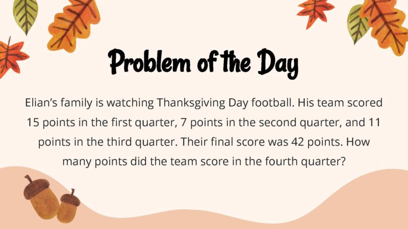 Elian’s family is watching Thanksgiving Day football. His team scored 15 points in the first quarter, 7 points in the second quarter, and 11 points in the third quarter. Their final score was 42 points. How many points did the team score in the fourth quarter?