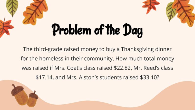 The third-grade raised money to buy a Thanksgiving dinner for the homeless in their community. How much total money was raised if Mrs. Coat’s class raised $22.82, Mr. Reed’s class $17.14, and Mrs. Alston’s students raised $33.10?