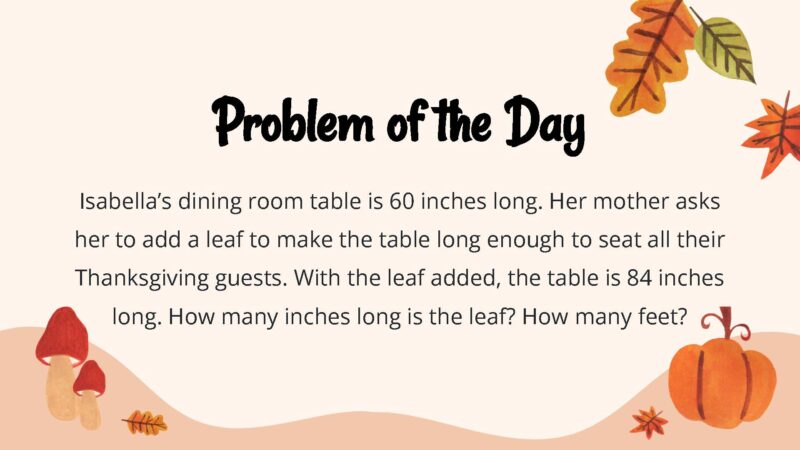Isabella’s dining room table is 60 inches long. Her mother asks her to add a leaf to make the table long enough to seat all their Thanksgiving guests. With the leaf added, the table is 84 inches long. How many inches long is the leaf? How many feet?