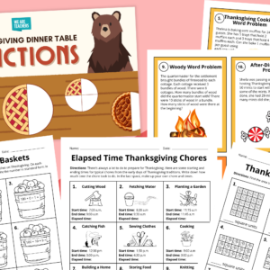 Flay lay of Thanksgiving math worksheets and slides for grades 3-5 on red background