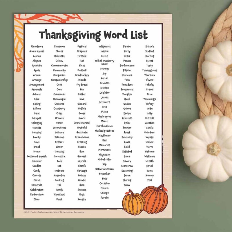 Thanksgiving Word List 