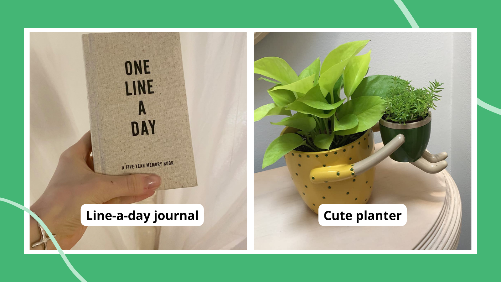 Paired images of the small inexpensive things teachers love: a line a day journal and cute planter