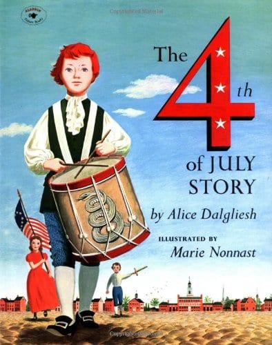 Book cover of The 4th of July Story as an example of 4th of July books with illustration of boy playing drum and girl holding an American flag