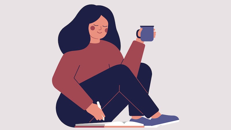 An illustration of a woman writing in a notebook and holding a cup of coffee