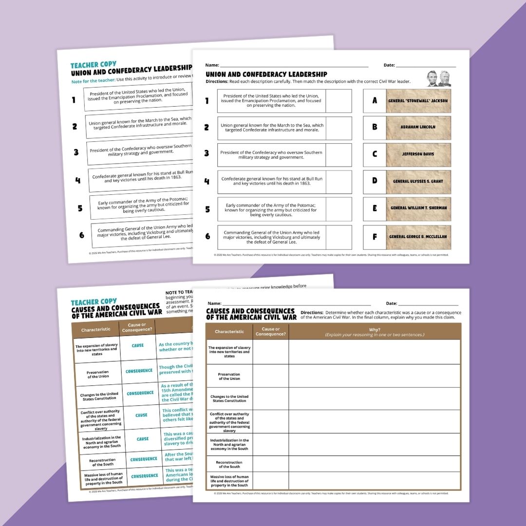 Worksheets from the American Civil War Worksheet & Activity Bundle.