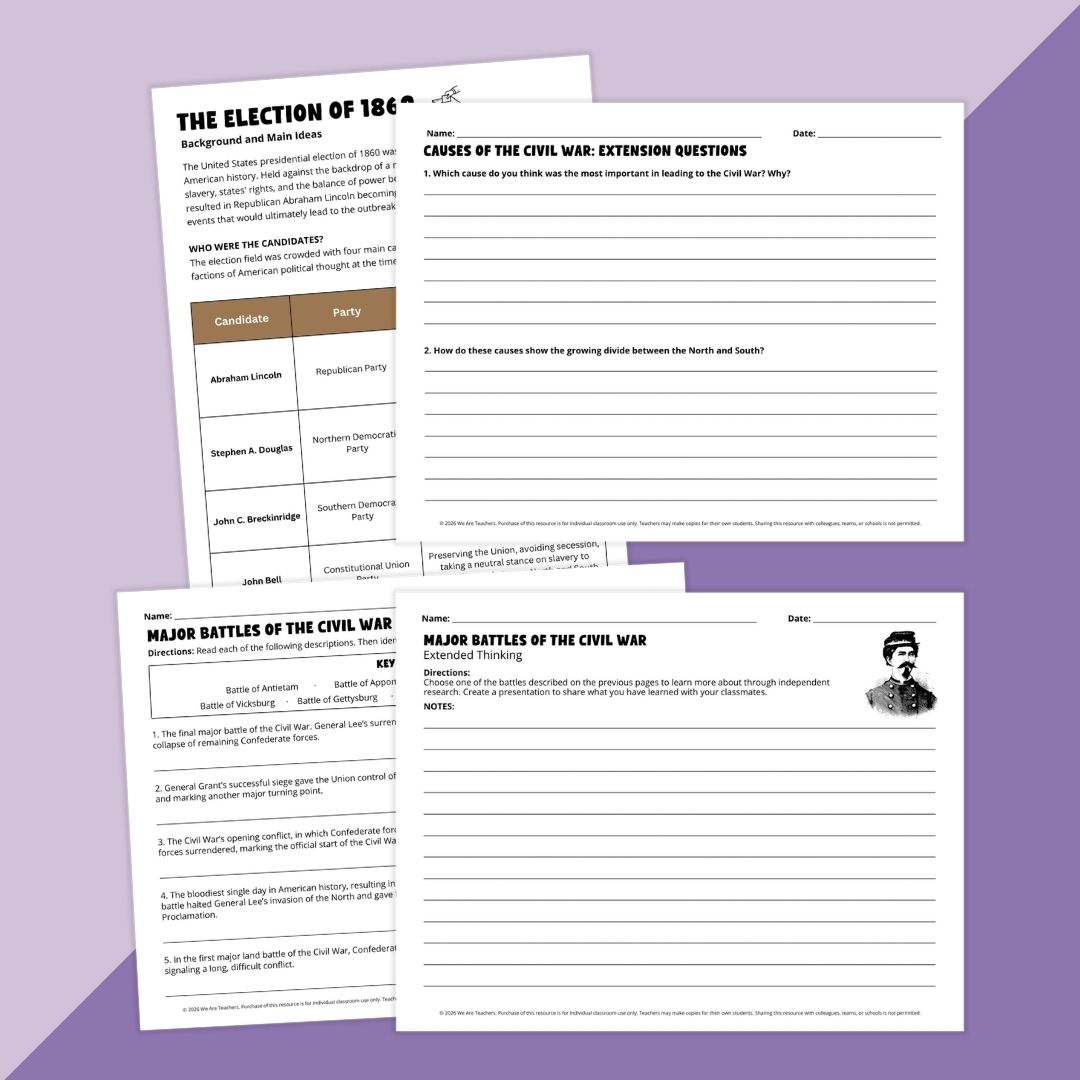 Images of writing activities about the American Civil War.
