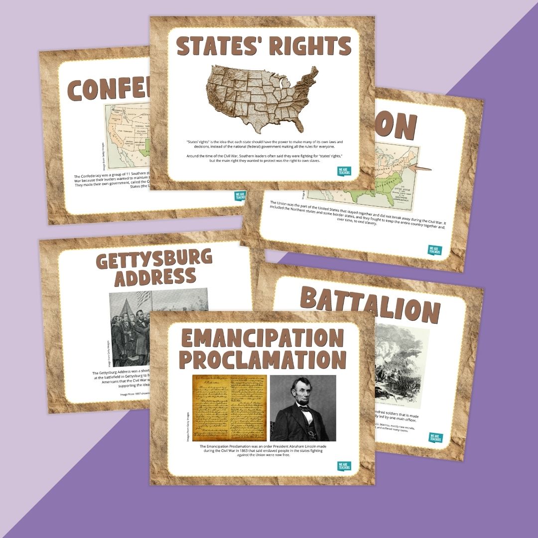 Images of word wall pages about the American Civil War.