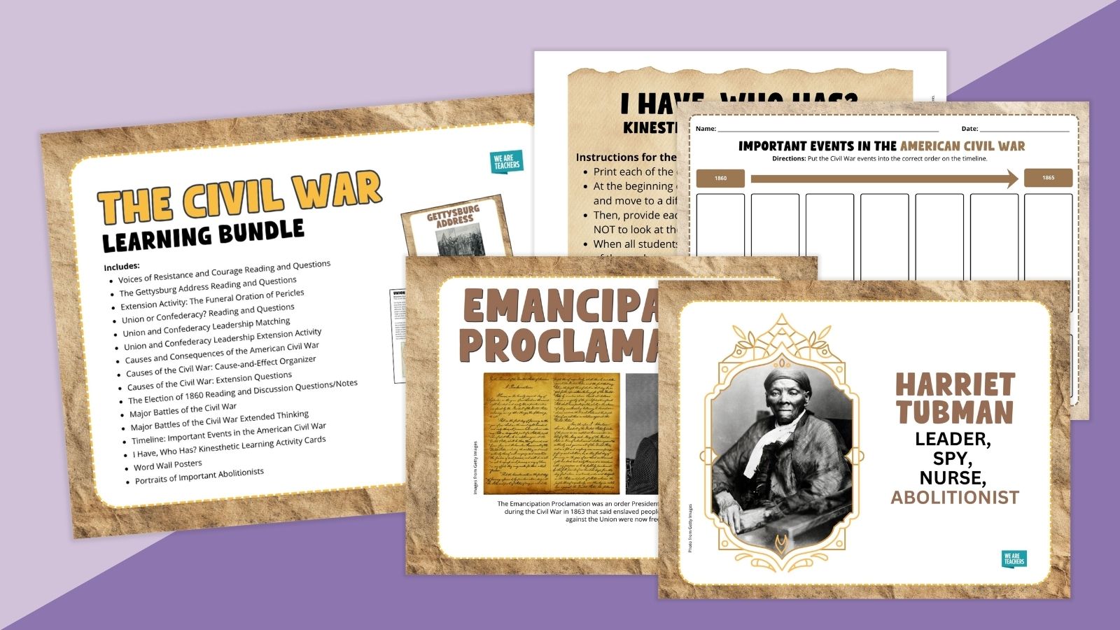 Images from the various resources and worksheets in the American Civil War Worksheet & Activity Bundle.