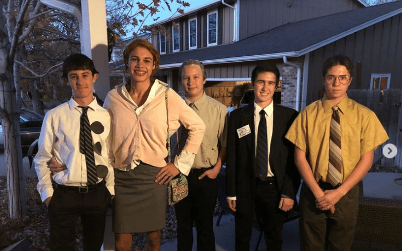 The Office Halloween Costume for Teachers shows 5 of the characters including Jim, Pam, Dwight, and Ryan.