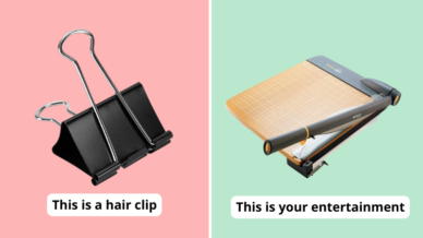 paired image of binder clip and paper cutter