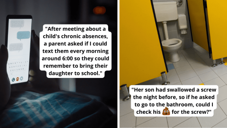 Paired image of teacher texting parent and teacher helping student in bathroom as examples of outrageous parent requests