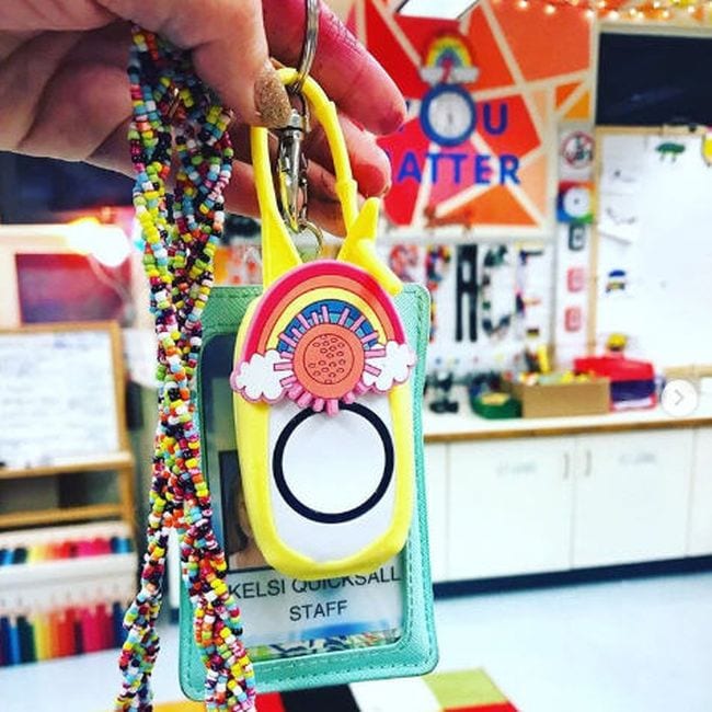 Colorful classroom doorbell with rainbow decor