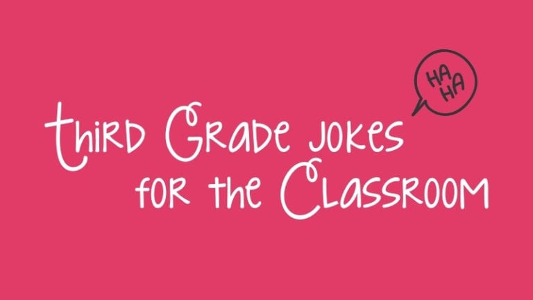 A pink background with white cursive words that read, "Third Grade Jokes for the Classroom."