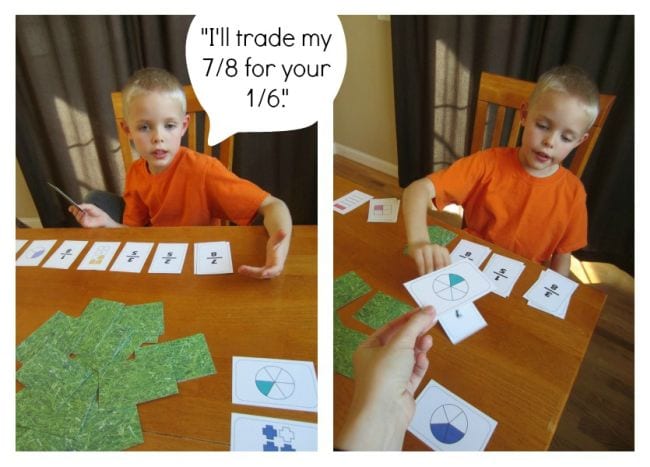 Student with fraction cards and a speech bubble saying I'll trade my 7/8 for your 1/6. (Third Grade Math Games)
