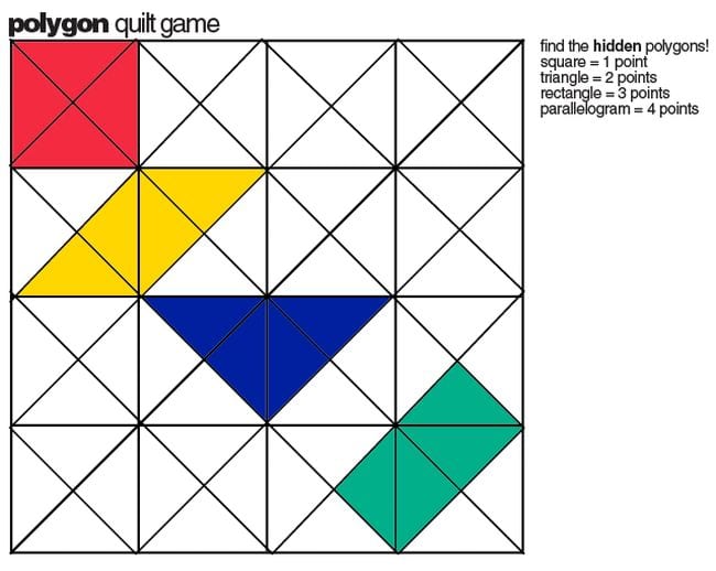 Polygon quilt game with some squares colored and text Find the hidden polygons!
