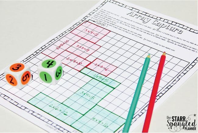 Array Capture worksheet with dice and colored pencils