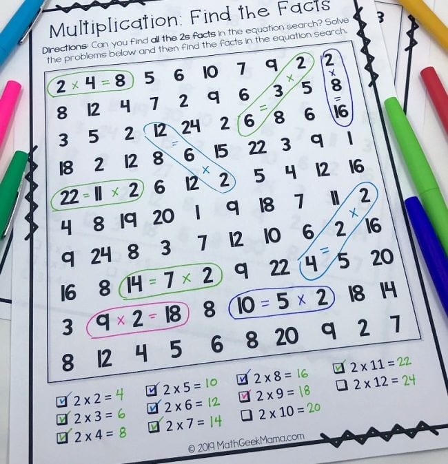 Multiplication Find the Facts Worksheet with colorful markers