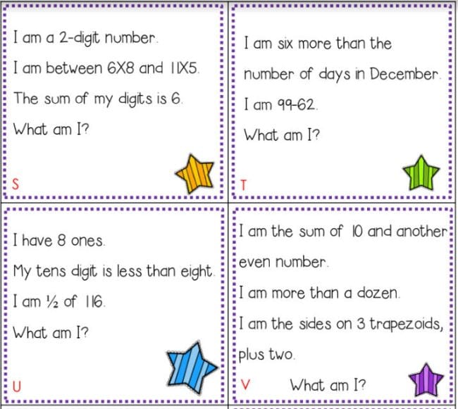 Four printable math riddle cards with stars and dotted borders