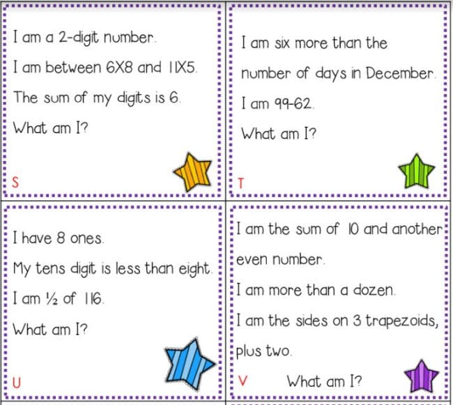 Printable cards with math riddles