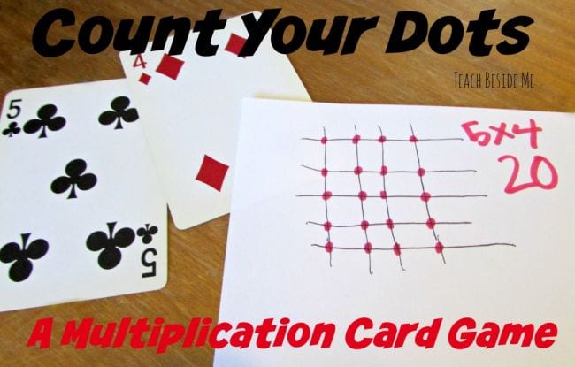 Playing cards next to paper with grid drawn on it. Text reads Count Your Dots: A Multiplication Card Game