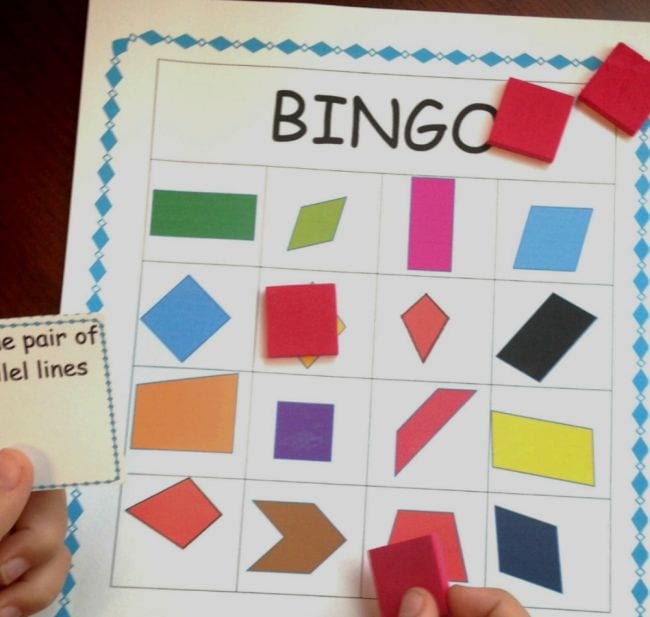Bingo game with quadrilateral blocks (Third Grade Math Game)
