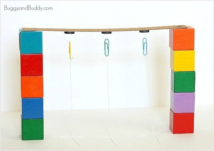 Cardboard strip supported by colorful blocks, with paper clips suspended from magnets underneath (Third Grade Science)
