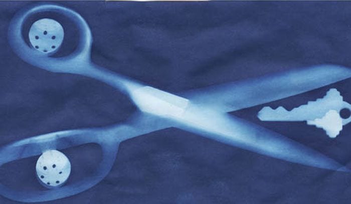Shadow prints of scissors and key on blue sun print paper (Third Grade Science)