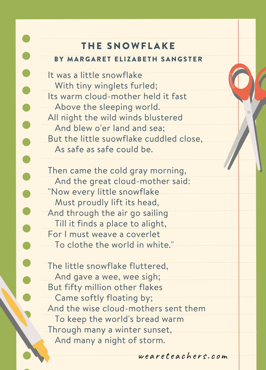 तीसरी कक्षा की कविताओं का उदाहरण: मार्गरेट एलिज़ाबेथ सैंगस्टर द्वारा लिखित द स्नोफ्लेक