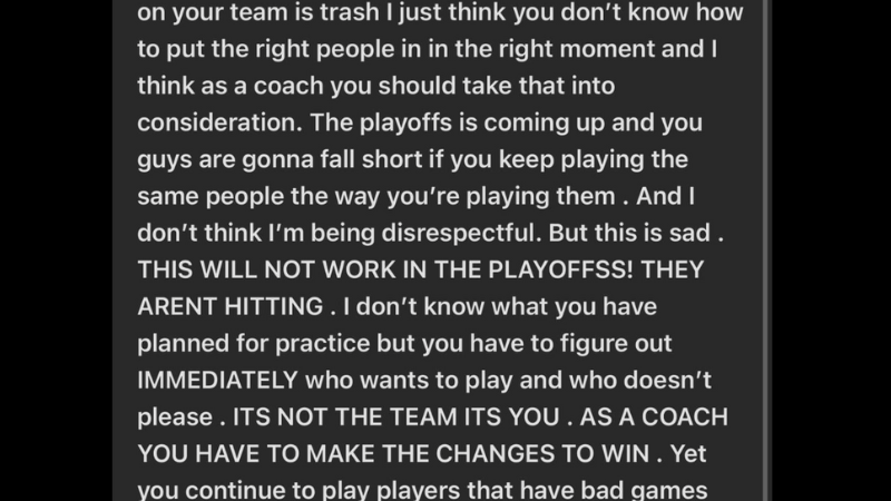 Screen shot of email to high school softball coach in Texas