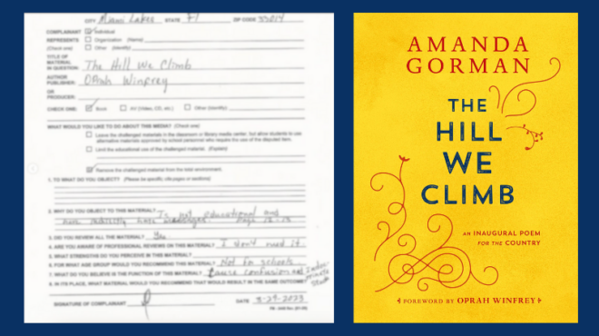 Paired photos of parent complaint form and Amanda Gorman's book