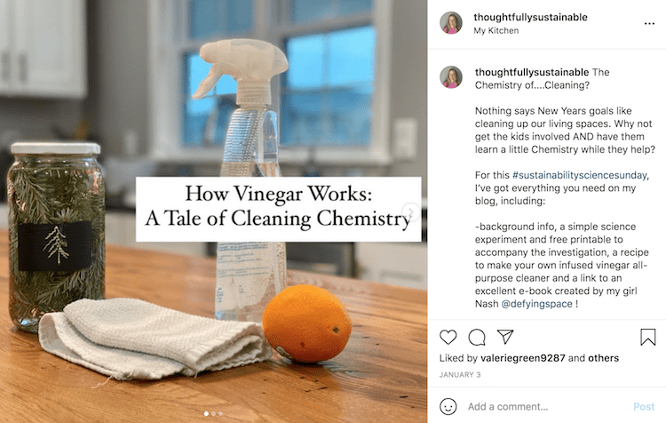 Instagram post featuring the text box "How Vinegar Works: A Tale of Cleaning Chemistry" inserted in front of an orange, spray bottle of vinegar, towel, and jar of pine tree cuttings