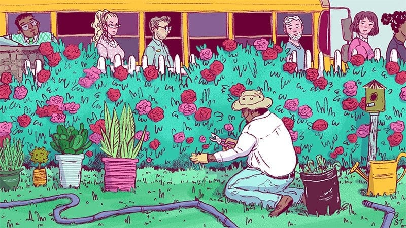 illustration of rose gardener being stared at by angry teachers over a bush