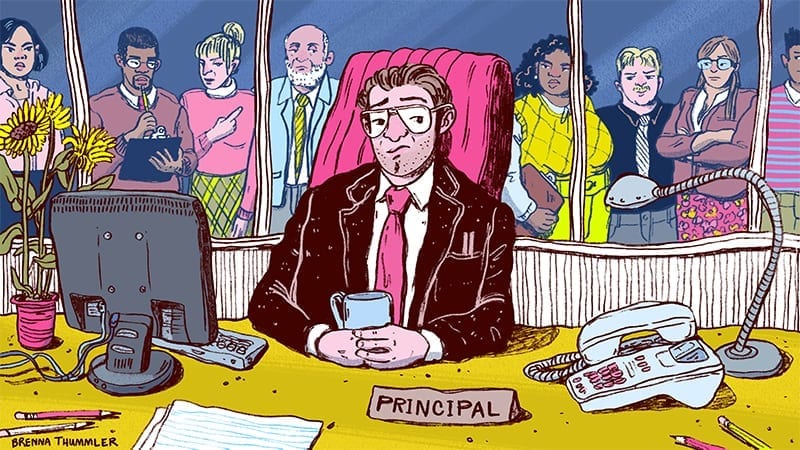 illustration of principal surrounded by teachers shaking their heads