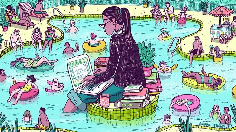 Illustration of a woman in a suit doing work in a swimming pool