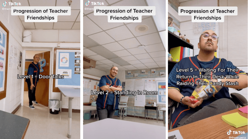 Screenshots of three different levels of teacher friendship from TikTok creator Mr. Pena