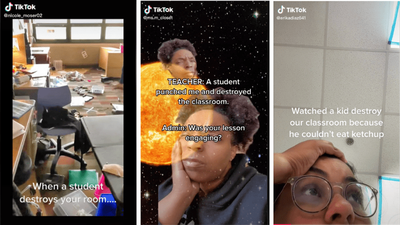 Screenshots of three different teachers sharing how students are destroying classrooms
