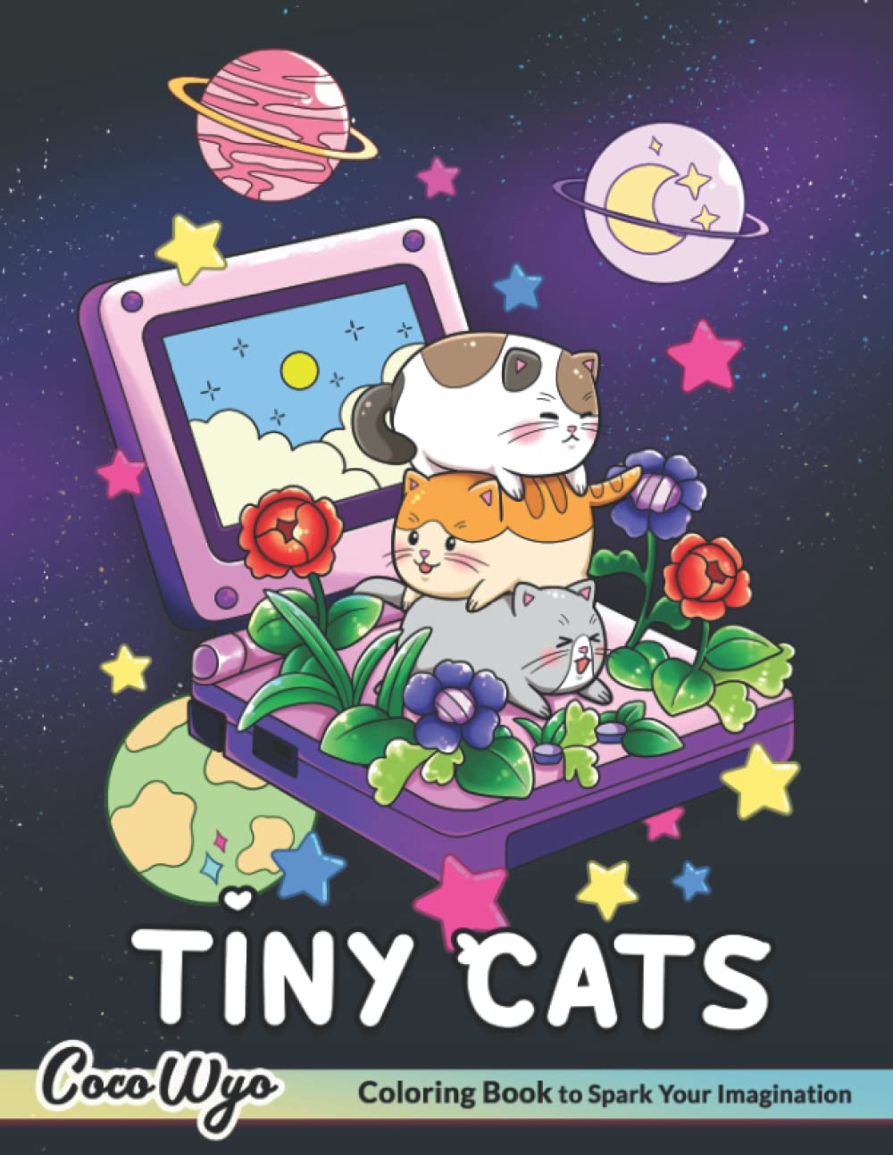 الكمبيوتر المحمول الأرجواني الكرتوني مفتوح ليكشف عن الزهور والقطط.  تطفو الكواكب في كل مكان وأحرف بيضاء مكتوب عليها Tiny Cats.