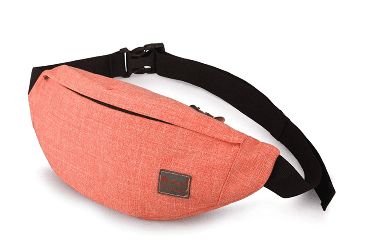 Orange fanny pack with black zipper and belt