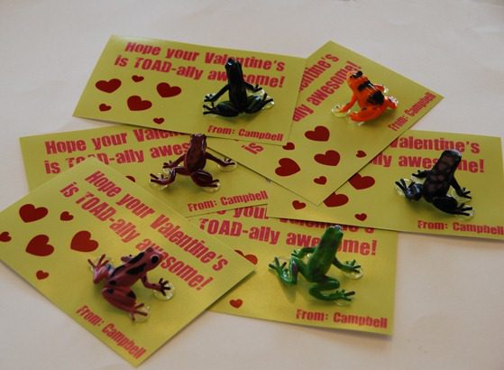 kids valentine with a plastic toad attached 