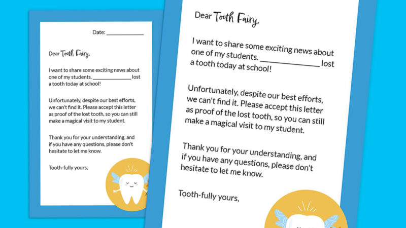 Tooth Fairy letters from school on blue background with tooth illustration.
