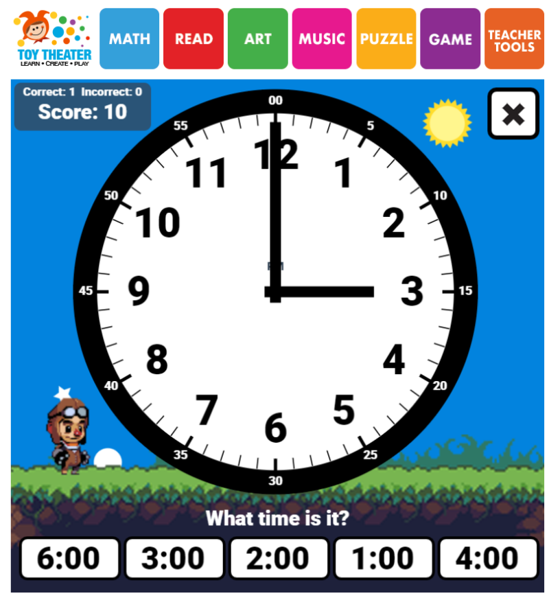 A large cartoon clock is shown with 5 choices displayed on the bottom with different times to select.