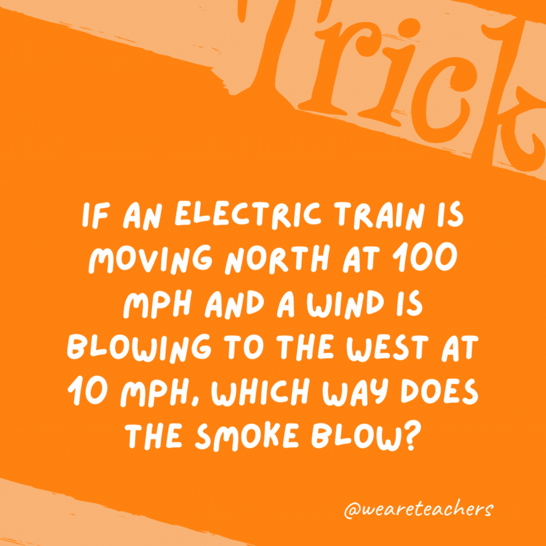 If an electric train is moving north at 100 mph and a wind is blowing to the west at 10 mph, which way does the smoke blow?

An electric train has no smoke.
